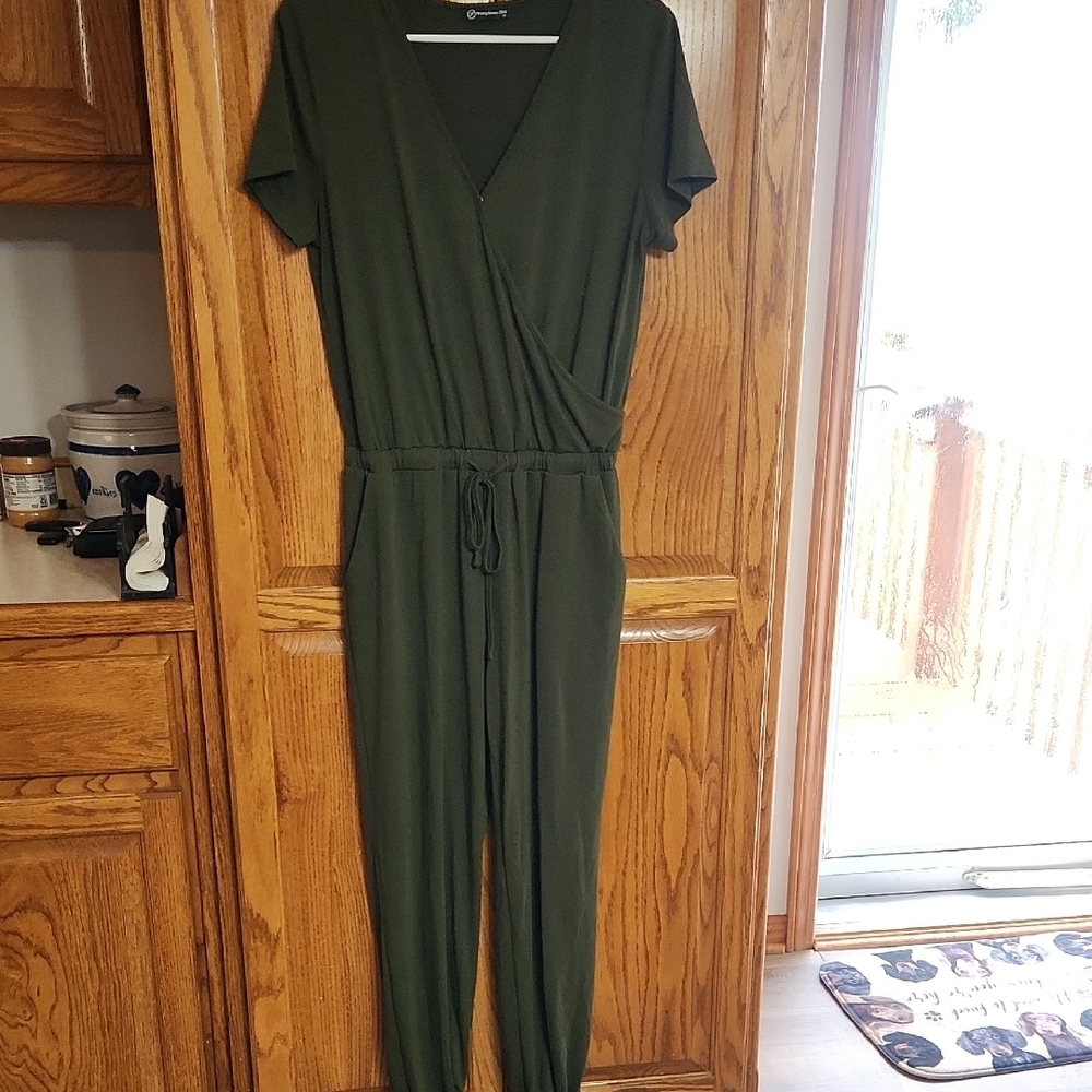 Forest Green V-Neck Jumpsuit with Relaxed Fit